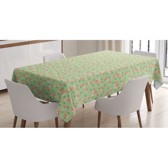 Animal Tablecloth, Fox Faces in Scandinavian Style Leaf Forest Illustration, Rectangle Satin Table Cover Accent for Dining Room and Kitchen, 60" X 84", Pale Green Burnt Sienna, by Ambesonne