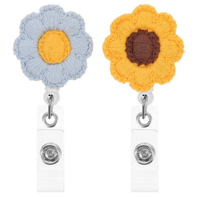 2 porta credencial retráctil de fieltro con forma de girasol, práctico clip para carrete de credencial.