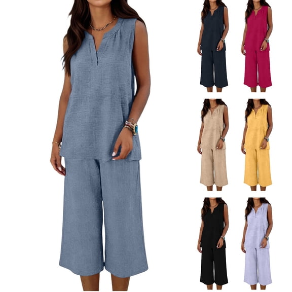 Miluxas Women's 2 Piece Outfits Casual V Neck Sleeveless Tank Tops Matching Wide Leg Capri Pants Summer Lightweight Dressy Lounge Sets for Beach Yellow