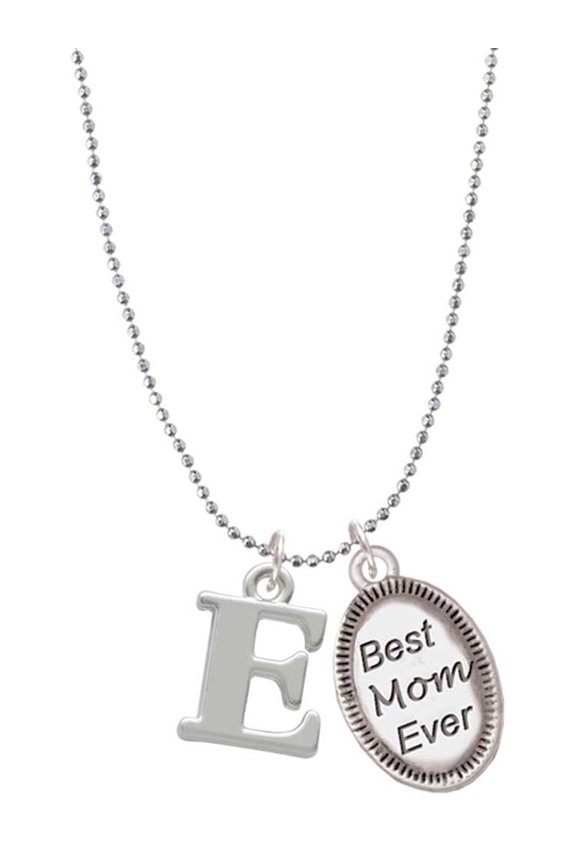 Silvertone Large Initial - E - Best Mom Ever Charm Necklace