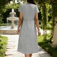 thumbnail image 6 of CHGBMOK Womens Solid Maxi Linen Dress V-neck Casual Short Sleeve A-Line Dress Drawstring Waist Flowly Beach Vacation Casual Dress, 6 of 9