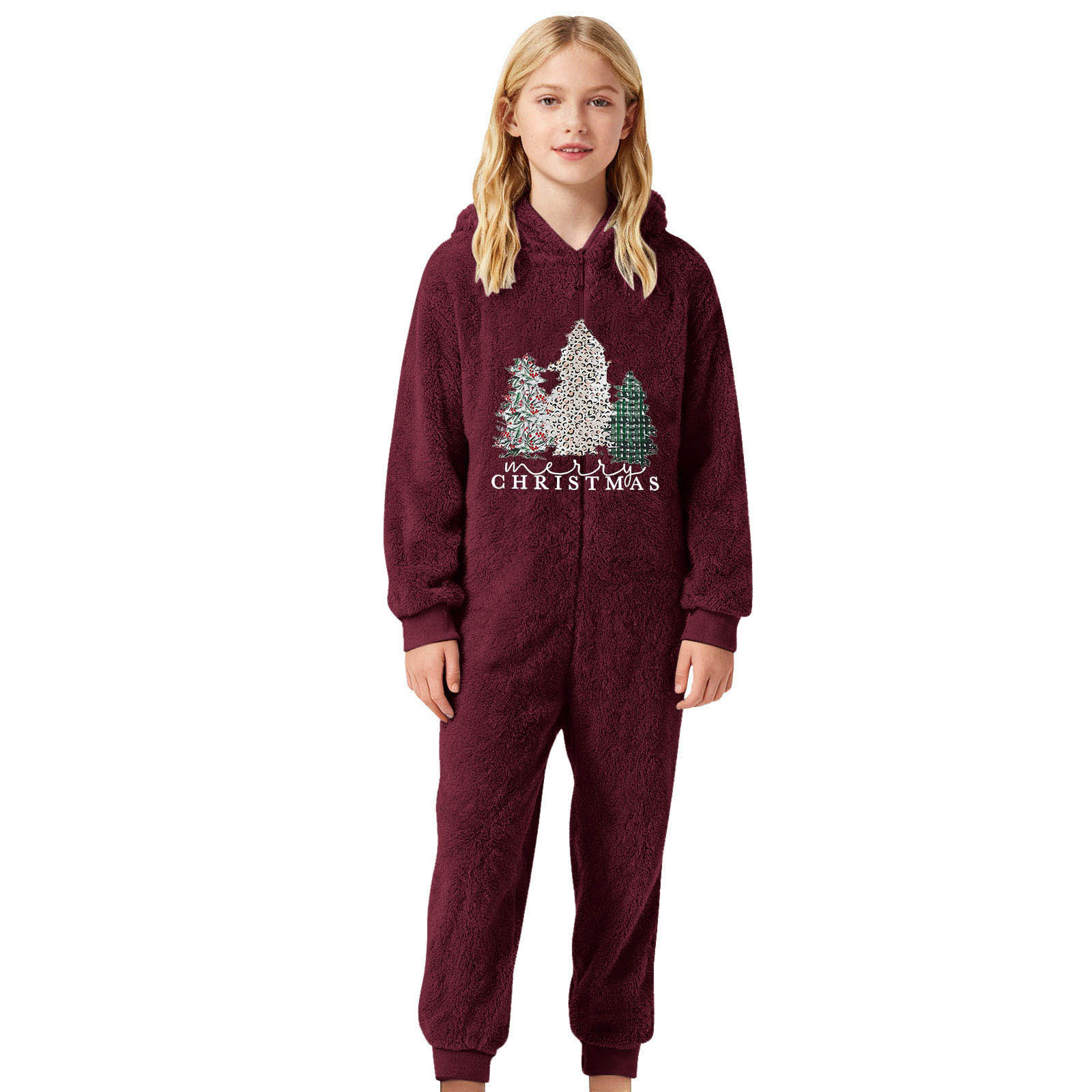 FYDUU Christmas Girls Onesie Pajamas Zip Up Jumpsuits Kids Fuzzy Hooded Rompers Soft Cozy Jumpsuit One-Piece Warm Winter Clothes Casual Rompers 11-12 Years