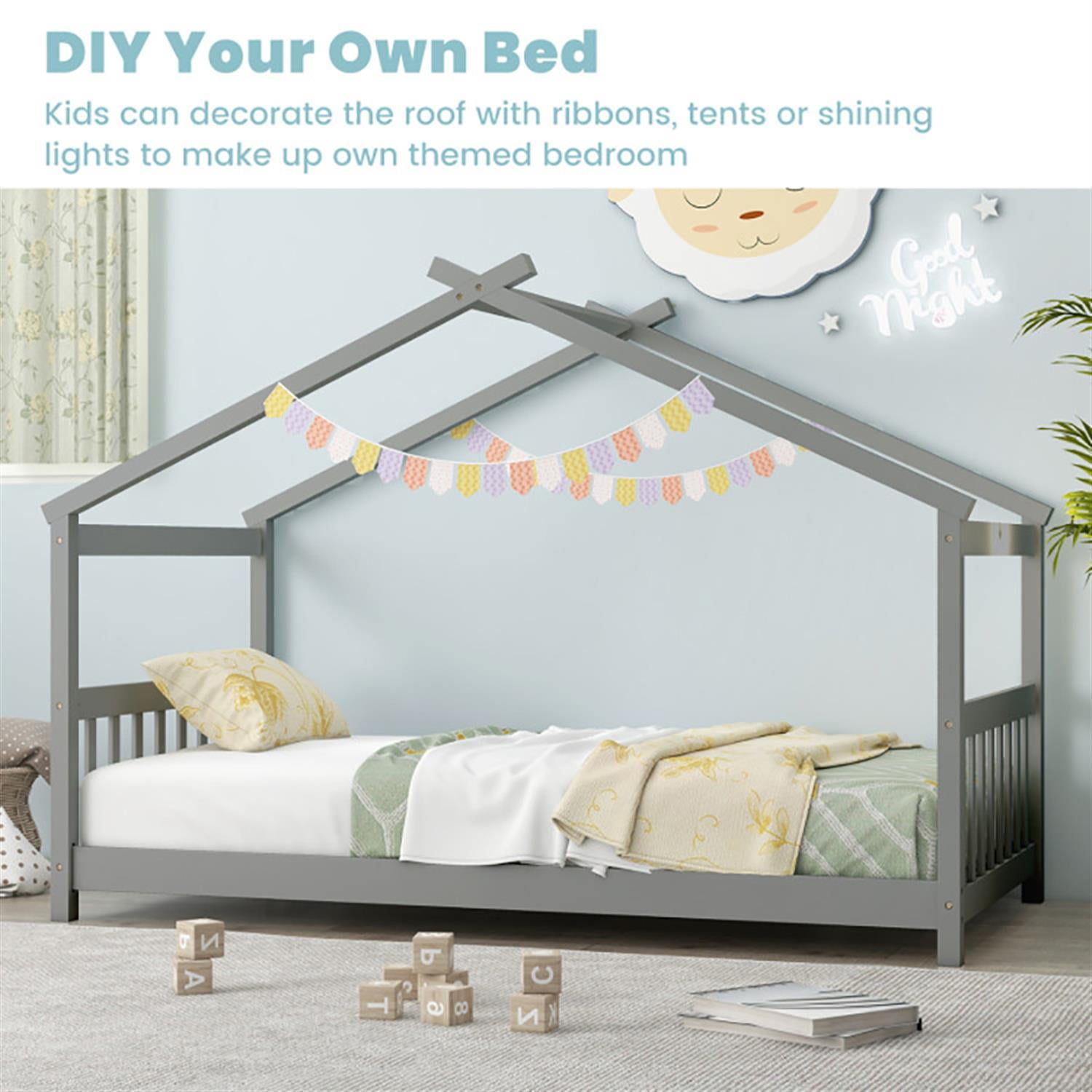Demi Bonn Twin Size Wooden House Bed Frames with Roof, Modern Platform Floor Bed Frames for Teens, Gray