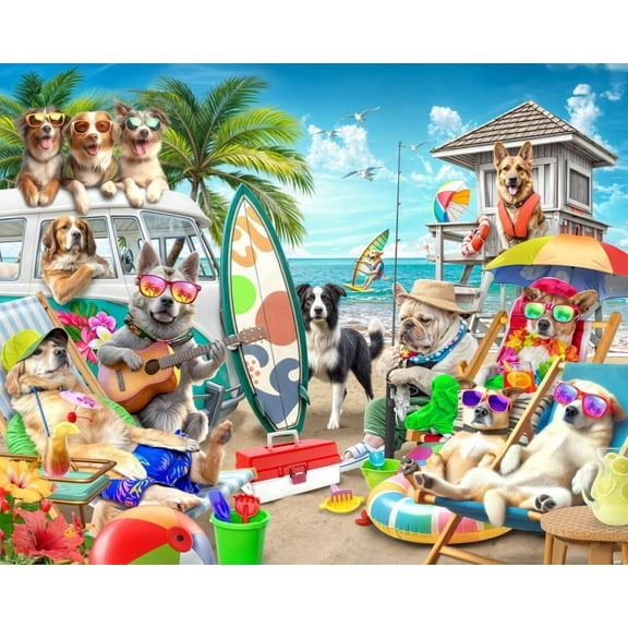 Dogs on The Beach Jigsaw Puzzle 1000 Piece by VCC - Cool Dog Puzzles for Adults & Families - Large Interlocking Pieces - 30" x 24"