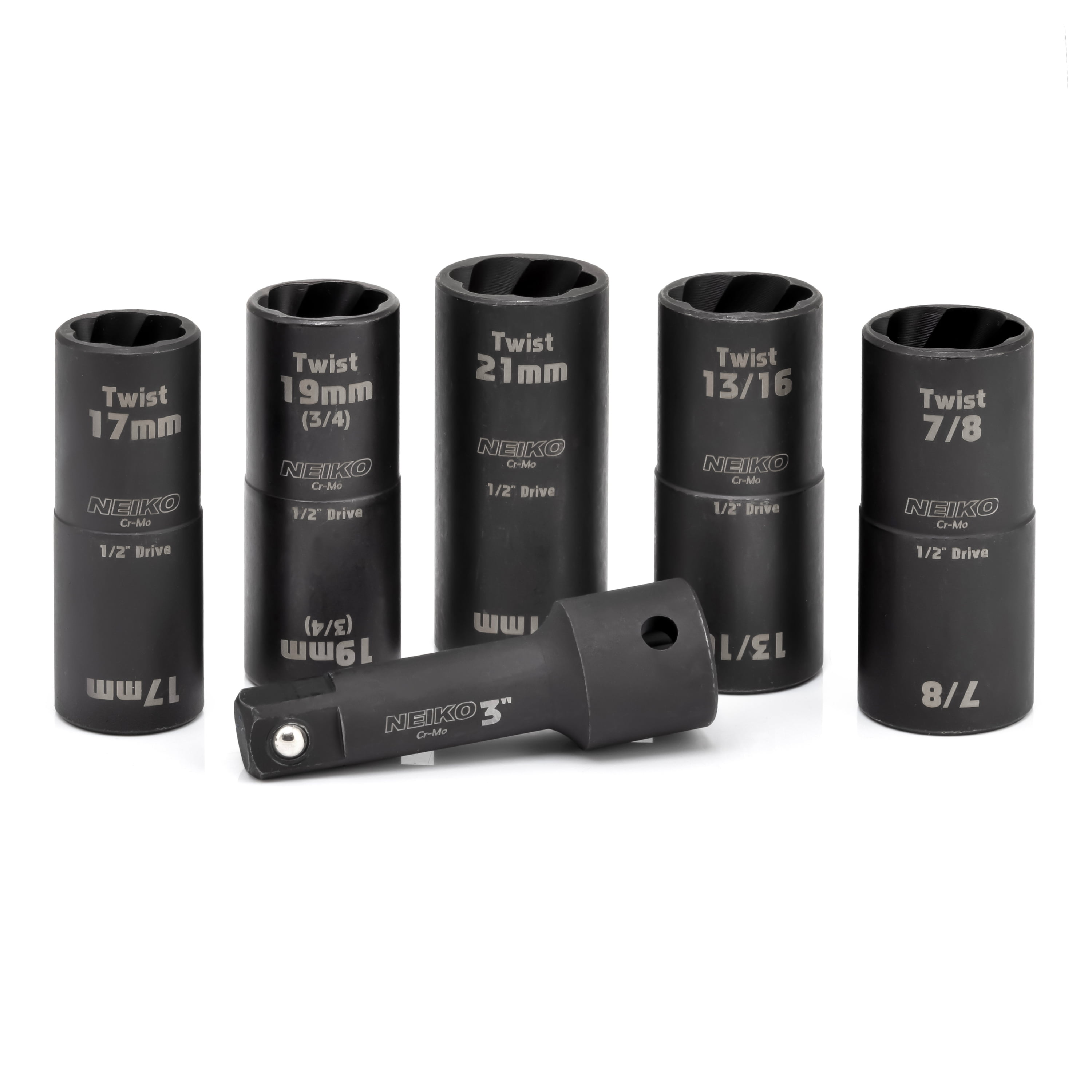 NEIKO 02340A Twist Socket Set, 6 Pc Lug Nut Socket Set, SAE & Metric, 1/2 Inch Dr. Impact Flip Socket Set, 6 Point & Twist Lug Nut Extractor, CR-Mo Steel Wheel Socket Set, 3" Impact Extension Bar