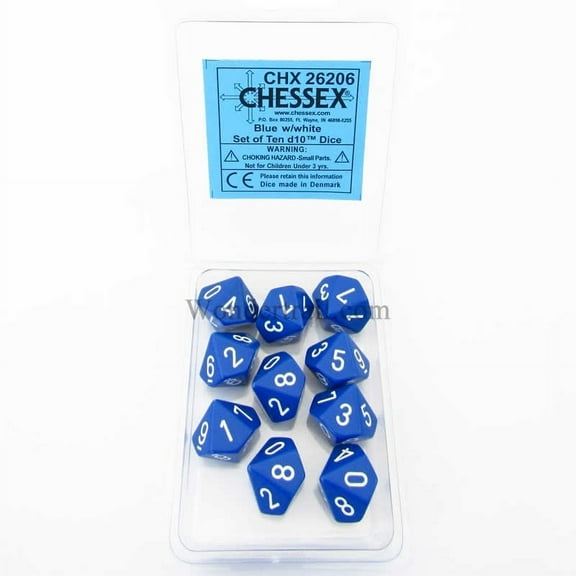 Blue Opaque Dice with White Numbers D10 16mm (5/8in) Pack of 10 Dice Chessex