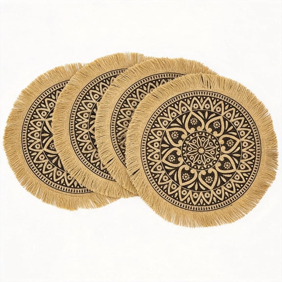 Round Braided Placemats Set of 4 with Tassels - 15-Inch Boho Beige and Brown Table Mats - Heat Resistant Woven Circular Plate Mats for Modern Dining, Fall Decor, and Farmhouse Kitchen