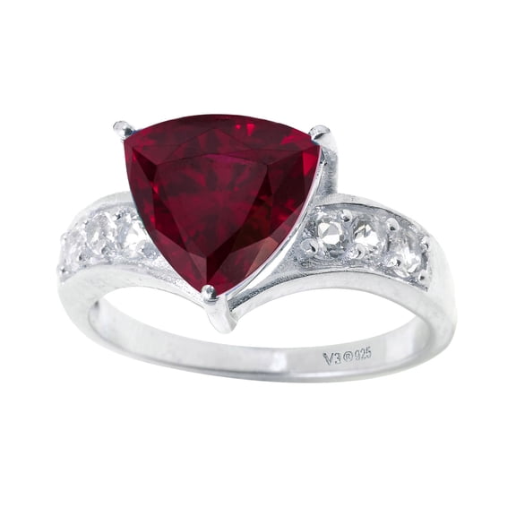 Sterling Silver with Ruby and White Topaz Trillion Ring