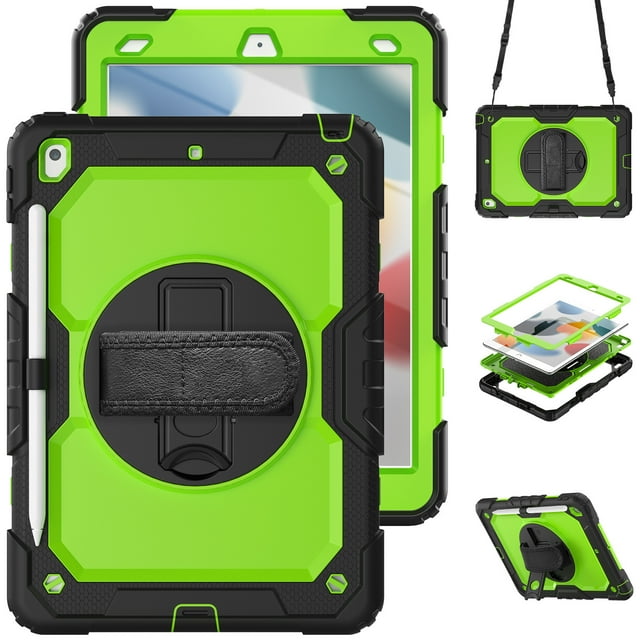 XYX For iPad 9th/8th/7th Generation 10.2 inch Case, 360 Rotating Shockproof Cover with Stand, Screen Protector, Shoulder Strap, Lime PC