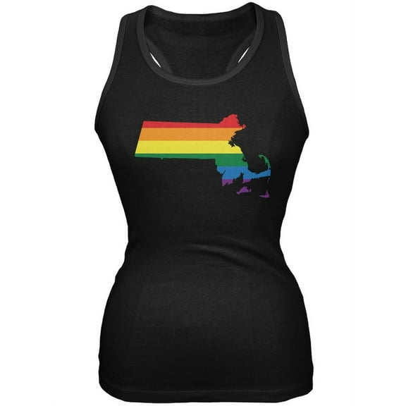 Massachusetts LGBT Lesbian Pride Rainbow Black Juniors Soft Tank Top - Small