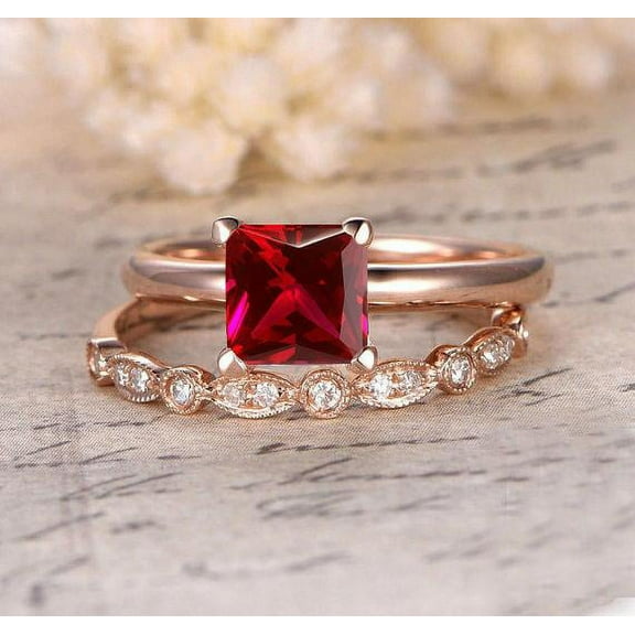 Limited Time Sale: 1.25 Carat Red Ruby (princess cut Ruby) and Diamond Engagement Bridal Wedding Ring Set in 10k Rose Gold