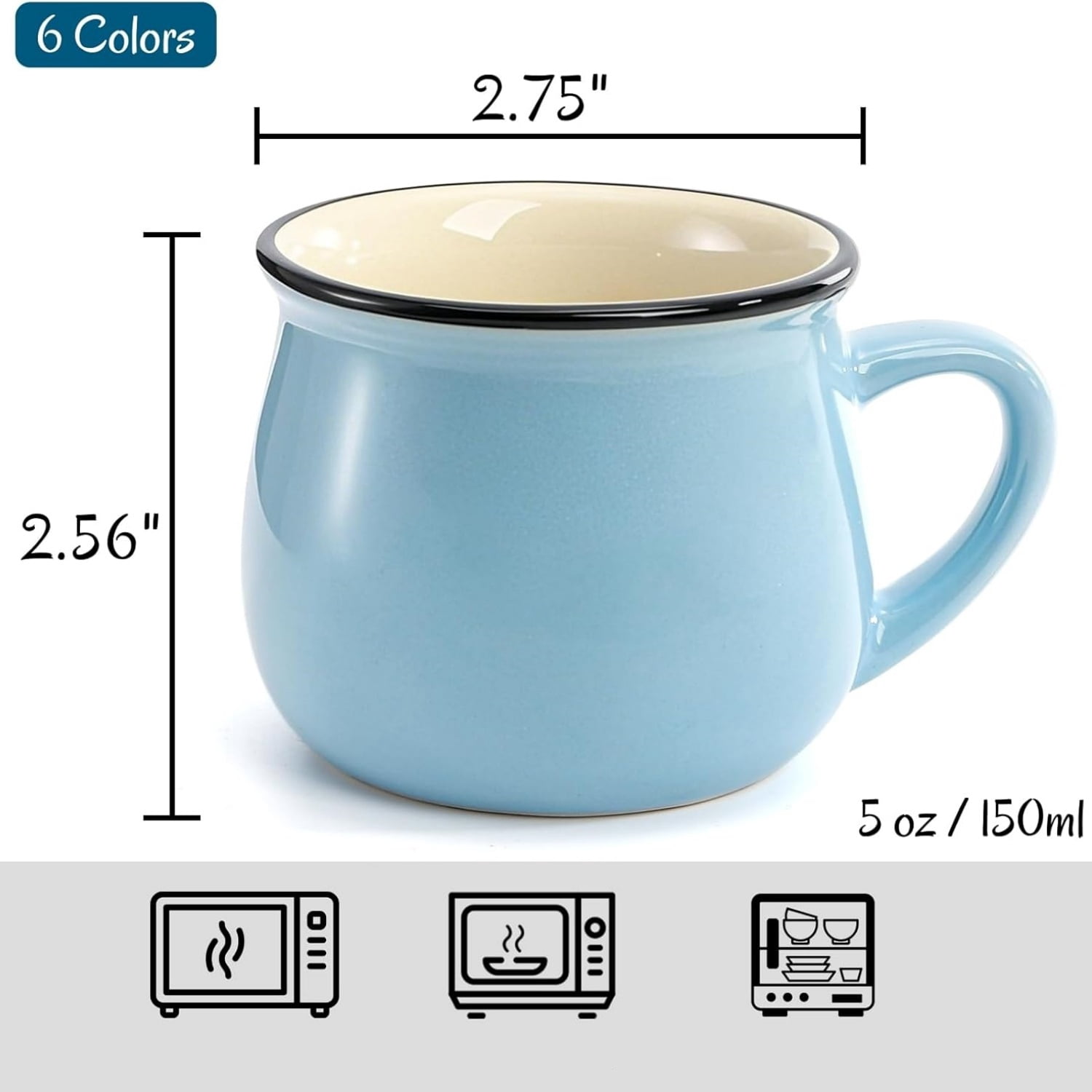 5 Oz 6 Pcs Cute Coffee Mugs, Mini Ceramic Espresso Cups, Small Demitasse Mugs with Handle for Home Kitchen Coffee Bar