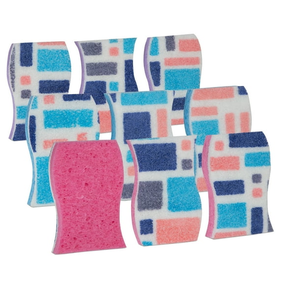 Smart Design Non-Scratch Cellulose Smart Scrub Sponge - Set of 9 - Ultra Absorbent - Ergonomic Shape - Cleaning, Dishes, & Hard Stains - Cool Geometric Pattern - Blue, Pink, Purple