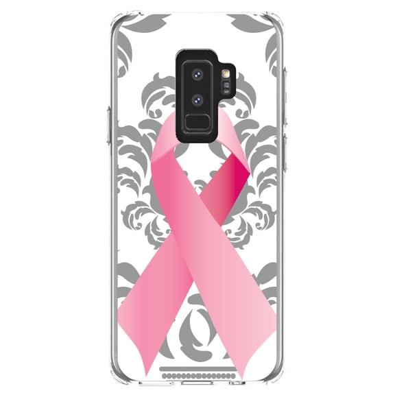 DistinctInk Clear Shockproof Hybrid Case for Samsung Galaxy S9  PLUS (6.2" Screen) - TPU Bumper, Acrylic Back, Tempered Glass Screen Protector - Grey Damask Pink Ribbon - Breast Cancer Awareness
