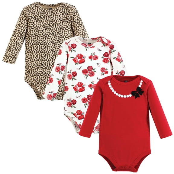 Hudson Baby Infant Girl Cotton Long-Sleeve Bodysuits, Red Rose Leopard, 12-18 Months