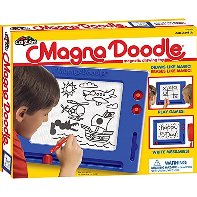 tablero de dibujo magnético cra-z-art magna doodle azul / blanco para niños de 3 años en adelante tablero rectangular azul con superficie blanca para trazos magnéticos, dos botones rojos laterales, deslizador borrador rojo en la base y bolígrafo magnético rojo sujeto; empaque visible con ilustraciones y niño dibujando; también suele usarse para practicar letras y trazos finos en actividades didácticas.