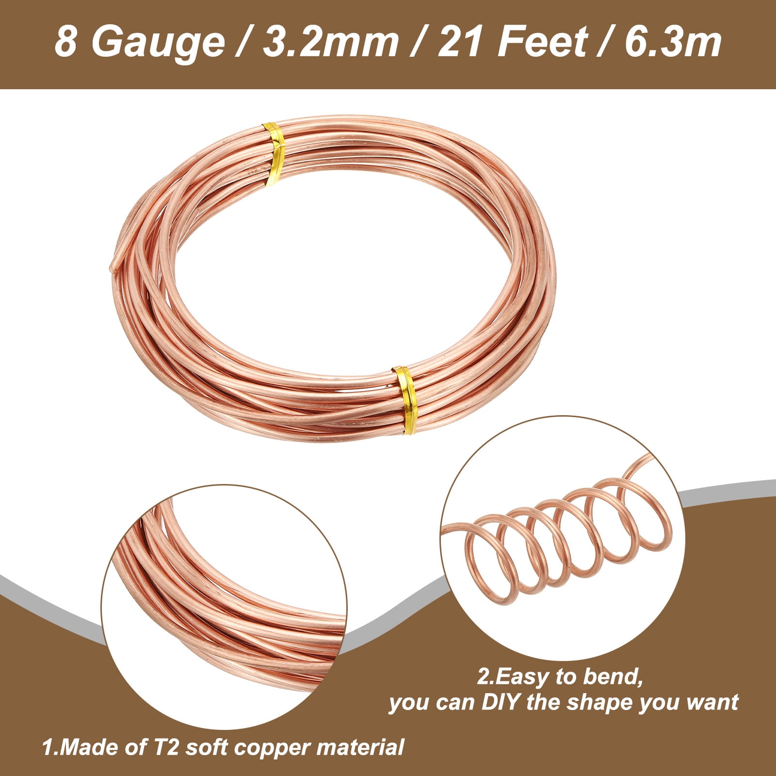 Uxcell 99.9% Soft Copper Wire, 8 Gauge/3.2 mm Diameter 21 Feet/6.3 m 1 Pound