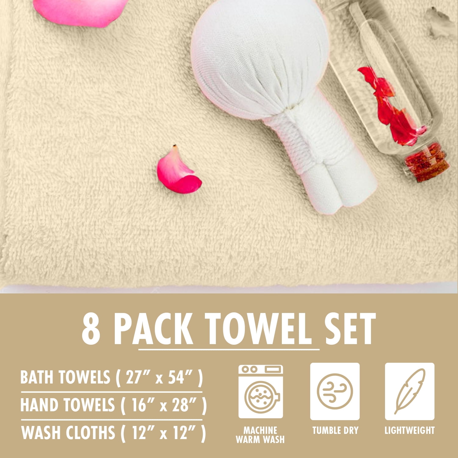 HOMES PERCEPTION Premium 8 Pack Towel Set - 600 GSM, 2 Bath Towels, 2 Hand Towels, 4 Washcloths, Beige