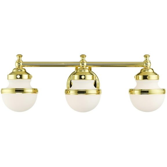 24 inch 3 Light Polished Brass Bathroom Vanity light fixture with White Glass Shade