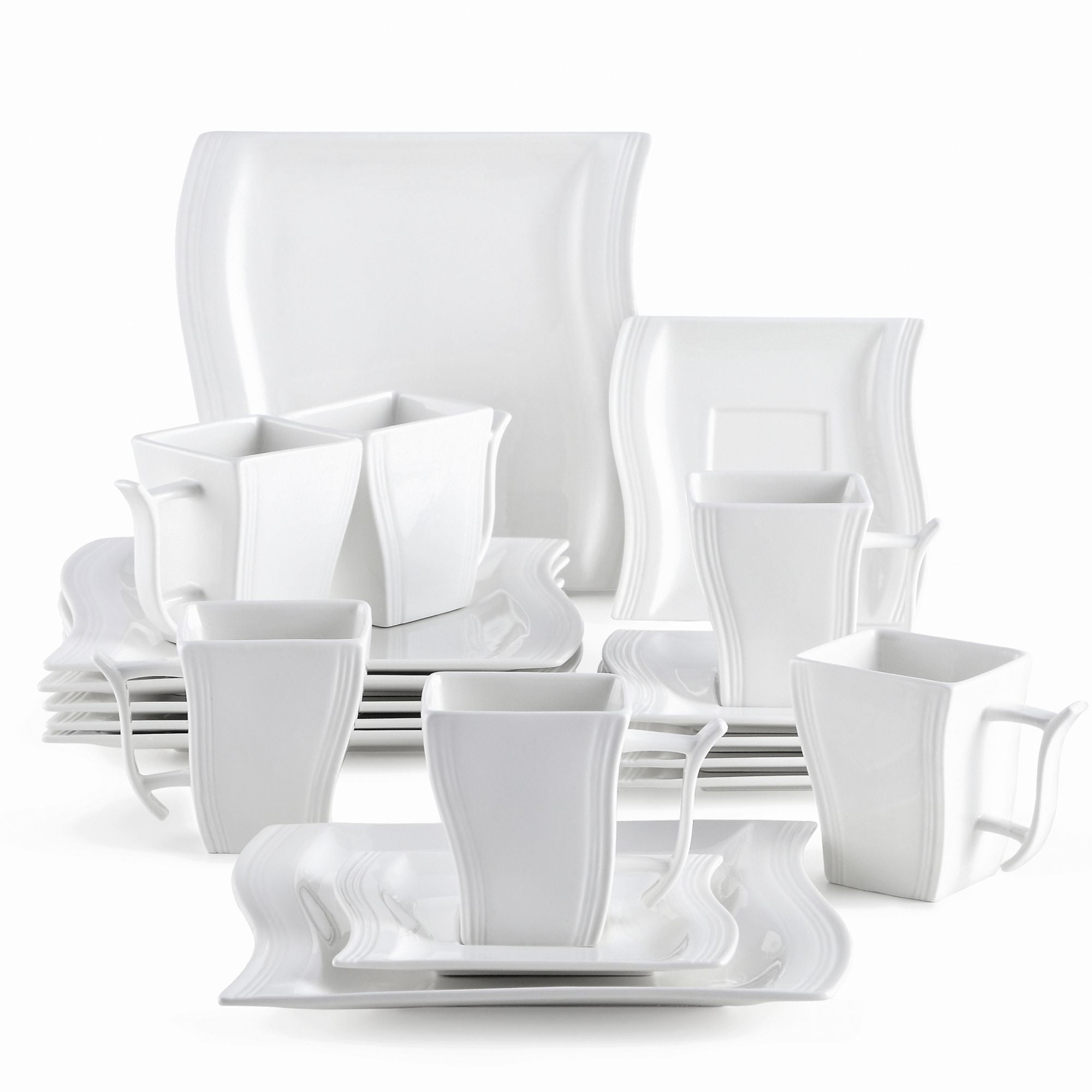 MALACASA Plates Set, Porcelain Dinnerware Sets for 6, 18-Piece Square Dish Ivory White, Series Flora