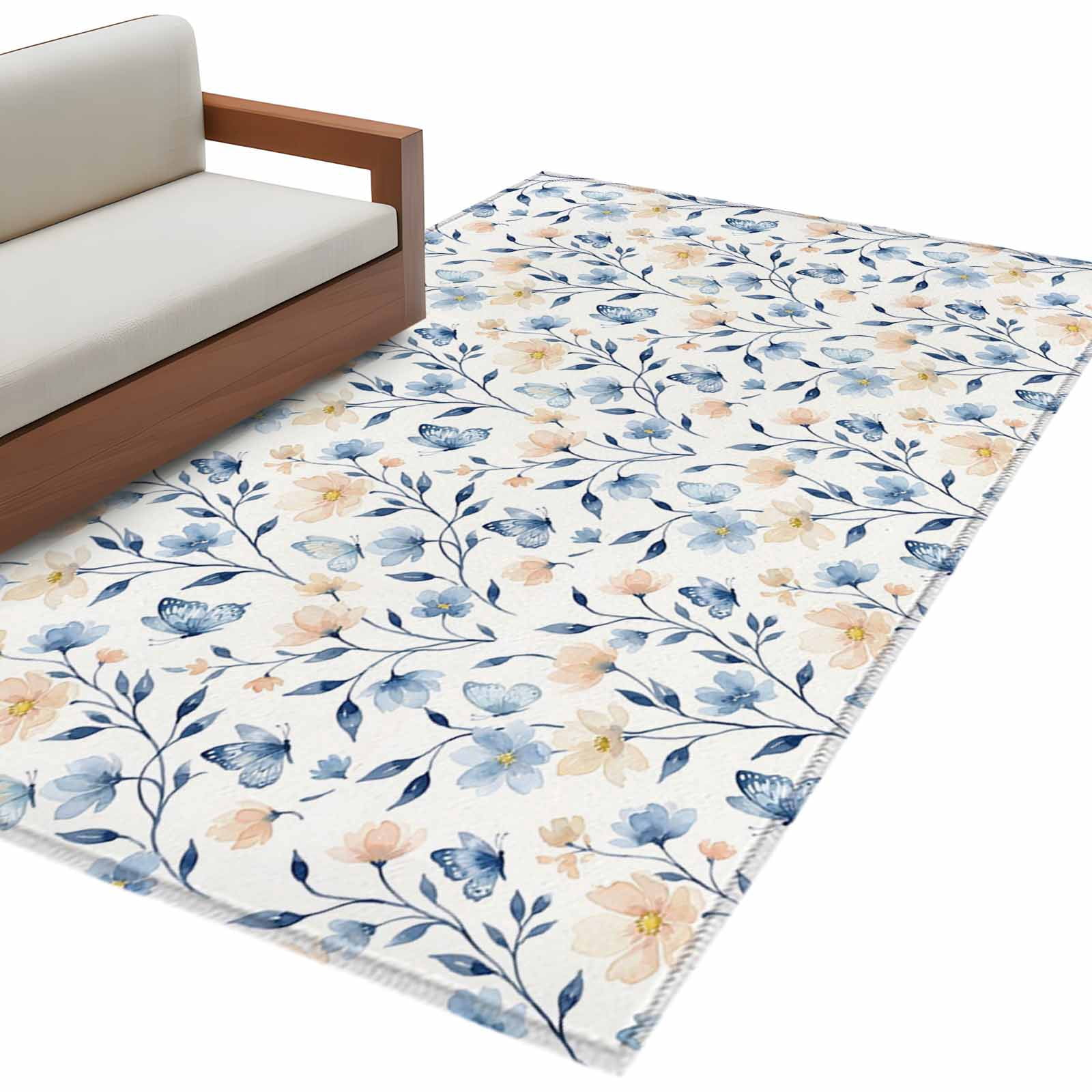 Rectangle Area Rugs 4 x 6 Ft, Blue Pink Flowers Non-Slip Residential Carpet, Spring Floral Elegant Pastoral Watercolor Indoor Crawling Mats Runner Rugs for Living Room/Dining Room/Bedroom