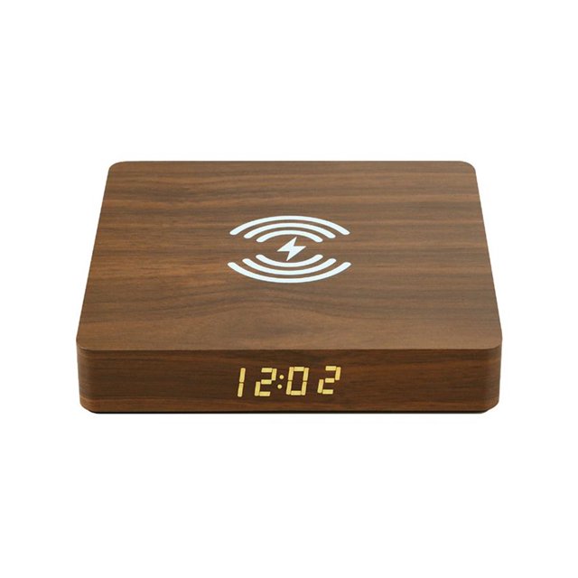 10W Wireless Desktop Wooden Charging Board Phone Charger Adapter Electric Clock-Brown