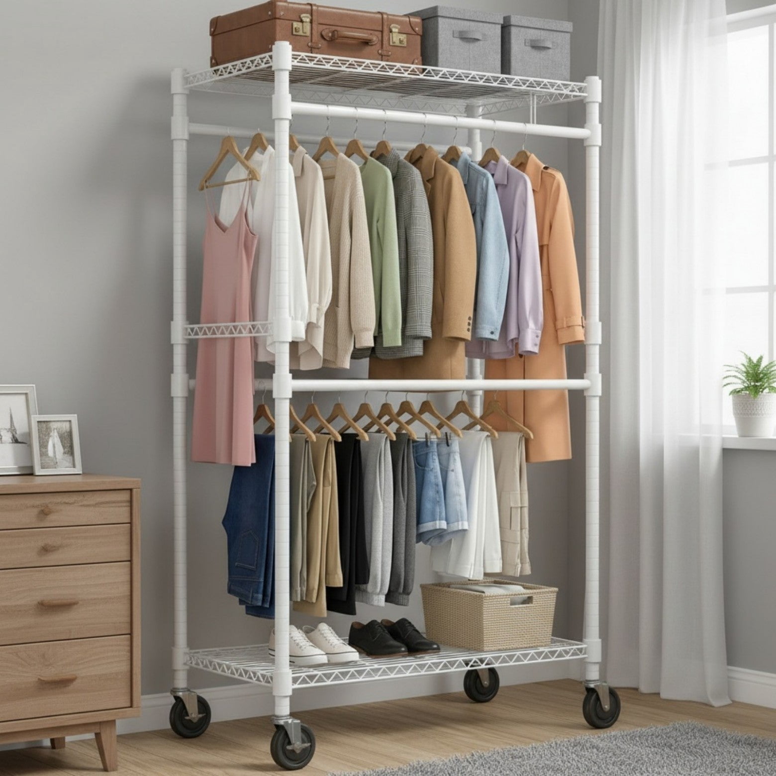 Sailvan Heavy Duty Rolling Clothing Rack, 300LBS Capacity Garment Rack with 4 Hanging Rods & 2 Shelves, Portable Closet, 35.5"W x 80"H,White