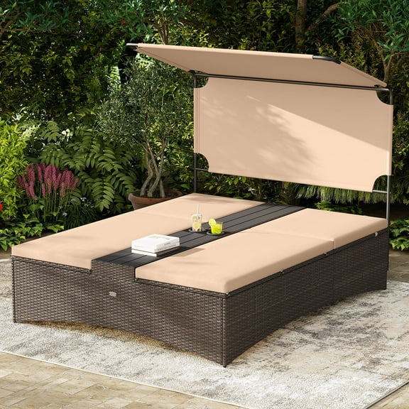 Costway Outdoor Daybed with Adjustable Backrests 2-Person PE Rattan Patio Bed with Canopy