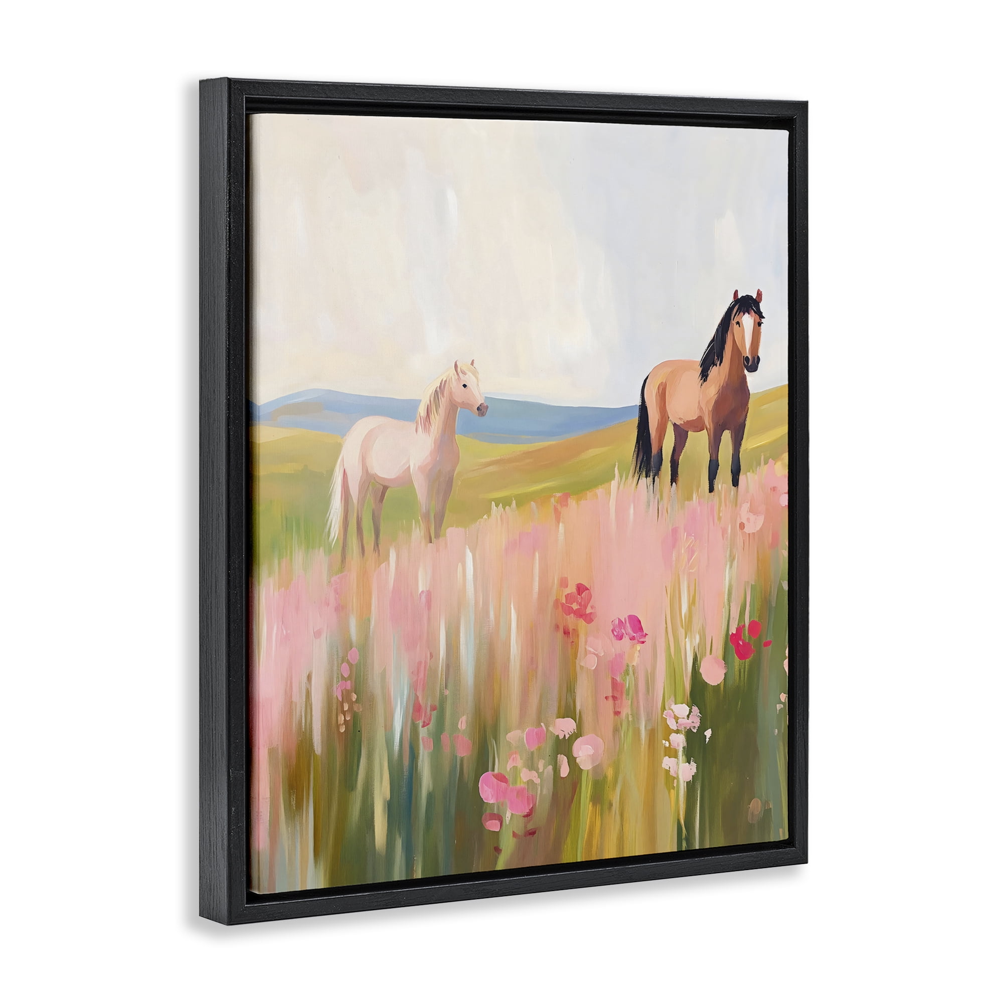 Stupell Industries Wild Horses in Pink Meadow Black Framed Floater Canvas Wall Art, design by The Prints Vibe