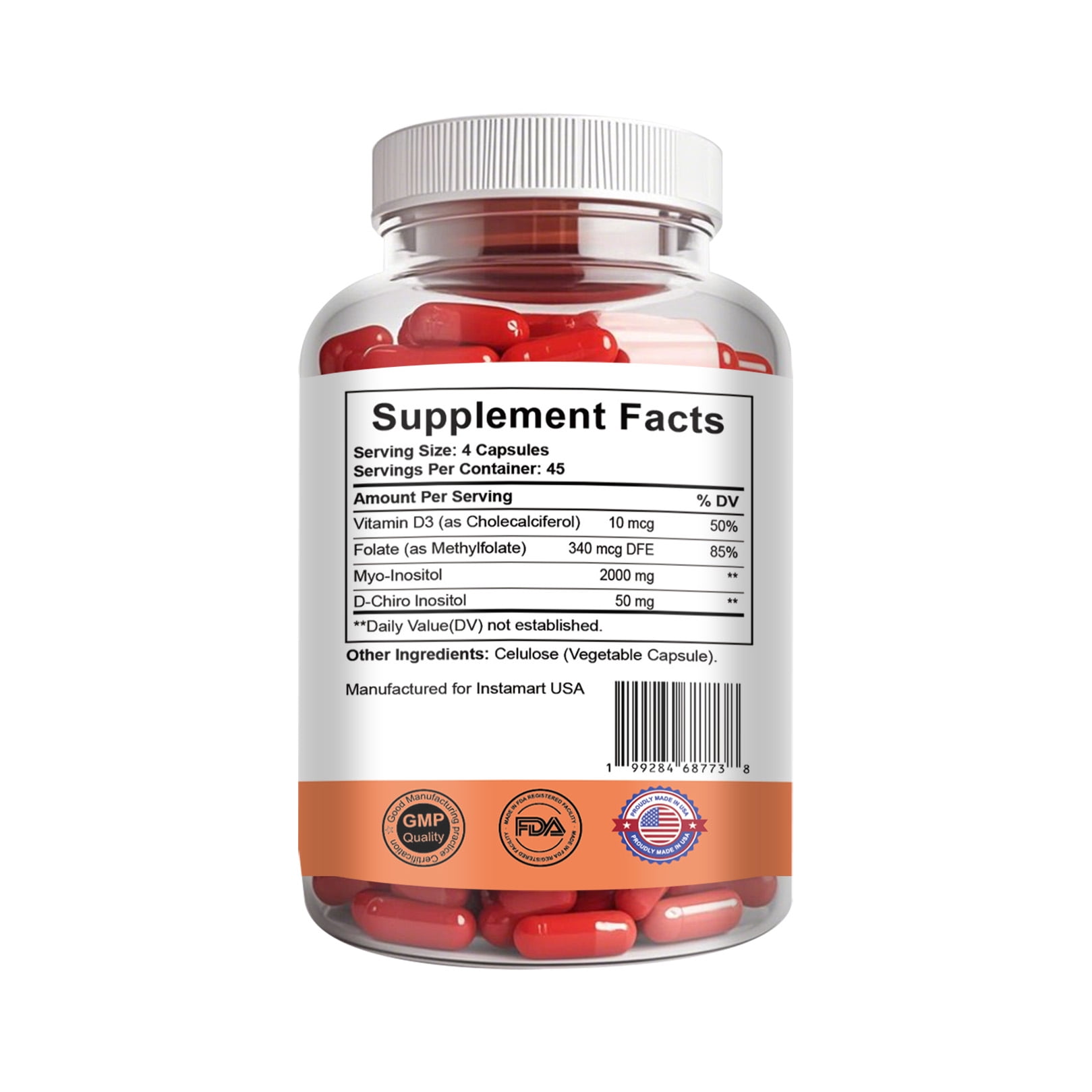 INSTAMART Myo-Inositol & D-Chiro Inositol Supplement for Women | 2050mg, Balanced 40:1 Ratio | Plus Folate & Vitamin D for Hormonal Balance, Regular Cycles & Ovarian Health | 180 Vegetarian Capsules