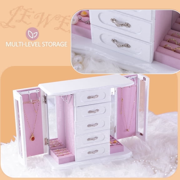 Stufurhome Wooden Jewelry Box for Women with 12 Hooks and Velvet Lining - White