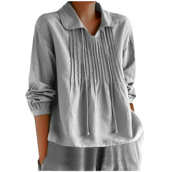 FamilyThread Womens Cotton V Neck Long Sleeve Shirt Pleated Collared Blouses Casual Drawstring Tops Solid Color Shirt