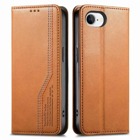 Wallet Case for iPhone 16 E Leather Magnetic Flip, Card Slots, Wrist Strap Brown