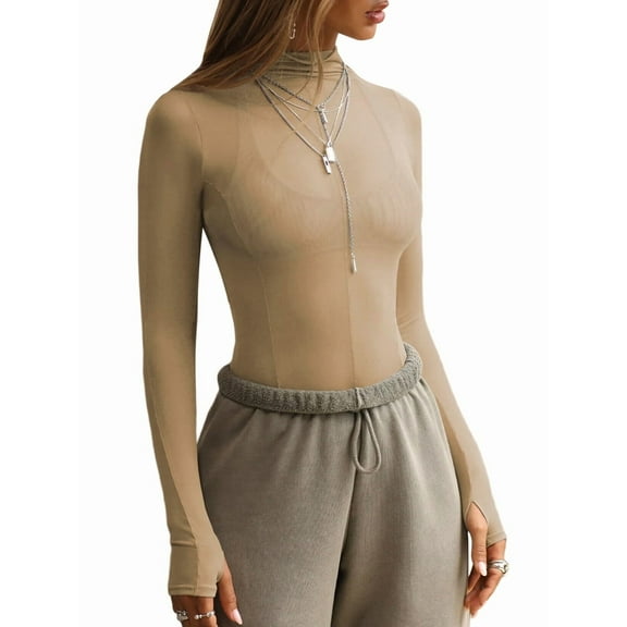 Mesh Long Sleeve Top for Women, Lace Sheer Tops See Through Mock Neck Floral Embroidery Sheer Blouce Shirt  L