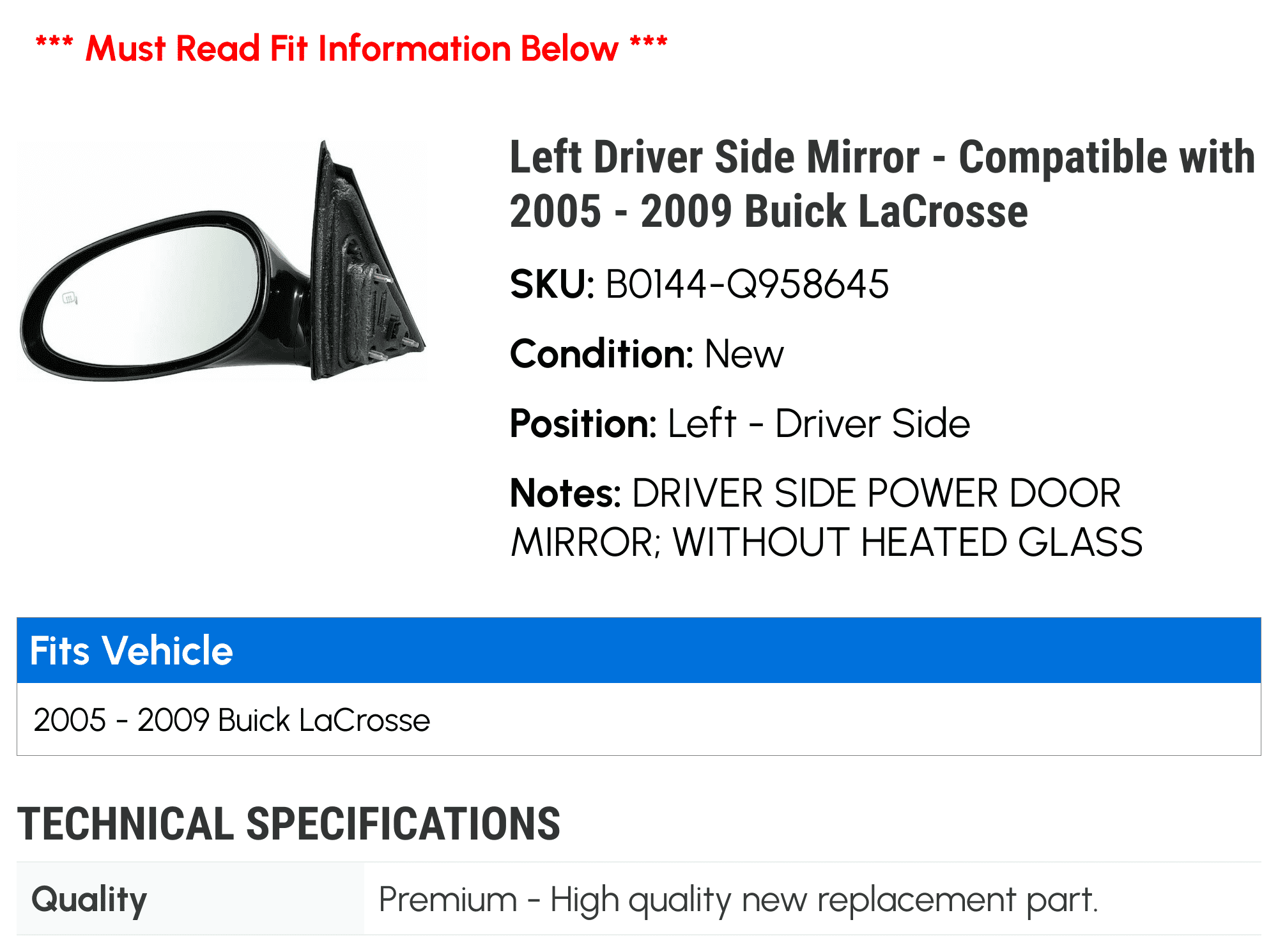 Left Driver Side Mirror - Compatible with 2005 - 2009 Buick LaCrosse 2006 2007 2008