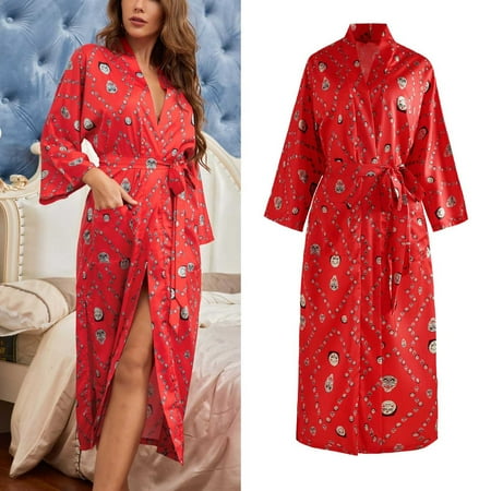 

Mrat Robes Women Sleepwear Shirt and Shorts Ladies Robe Cover Up Printed Sleepwear Satin Silky Nightgown Pajamas Set Soft Lounge