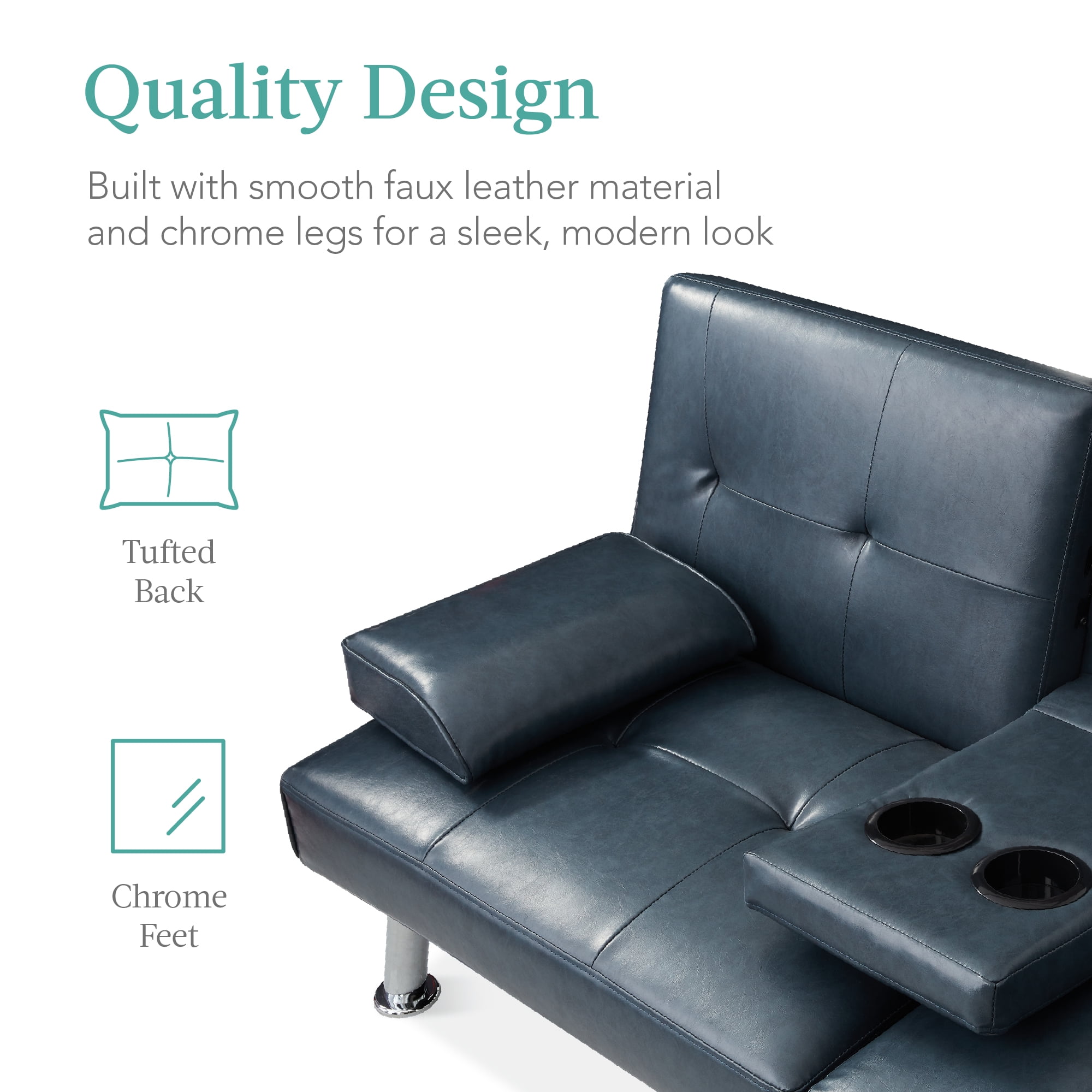 Best Choice Products Modern Faux Leather Convertible Futon Sofa w/ Removable Armrests, 2 Cupholders - Blue