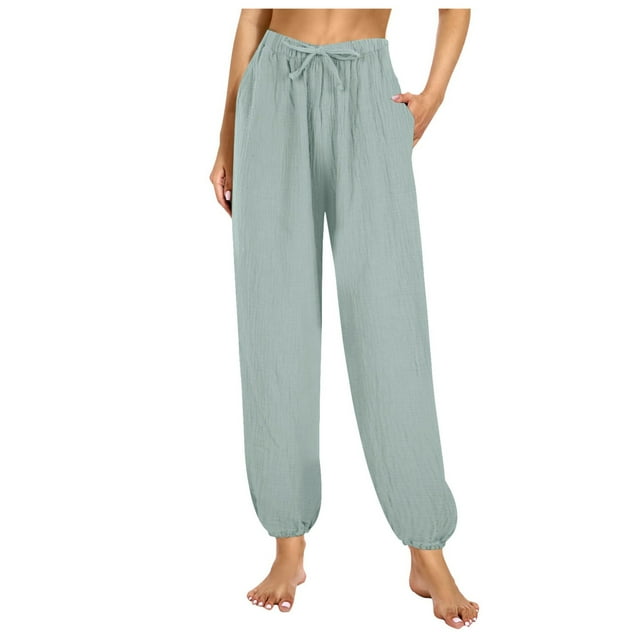 Pantalones de pijama de mujer de color liso, elásticos, con cintura elástica y efecto adelgazante - Ropa informal para casa con tejido arrugado y puños ajustables con cordón