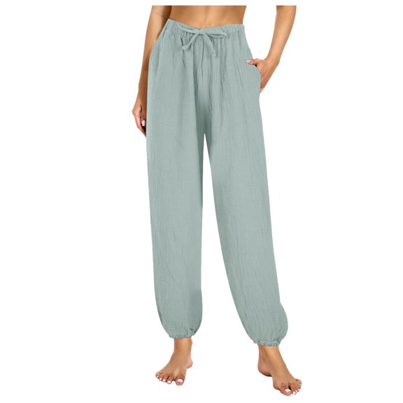 Women's Solid Color Elastic Waist Pajama Pants - Casual Home Wear with Crinkled Fabric & Adjustable Drawstring
