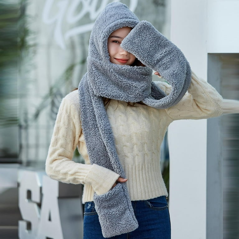 APEXFWDT Winter Fluffy 2 in 1 Hooded Scarf for Women Kawaii