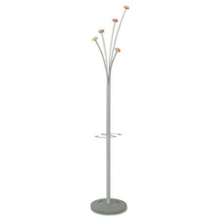 - Alba Festival Coat Stand with Umbrella Holder, Five Knobs, Silver Gray Steel/Wood