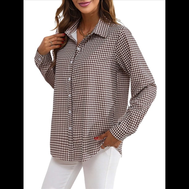 Camisas de Mujer con Botones, Casuales, de Larga, A Cuadros, con Estampados, Blusas Holgadas con Cuello A . Color Café L