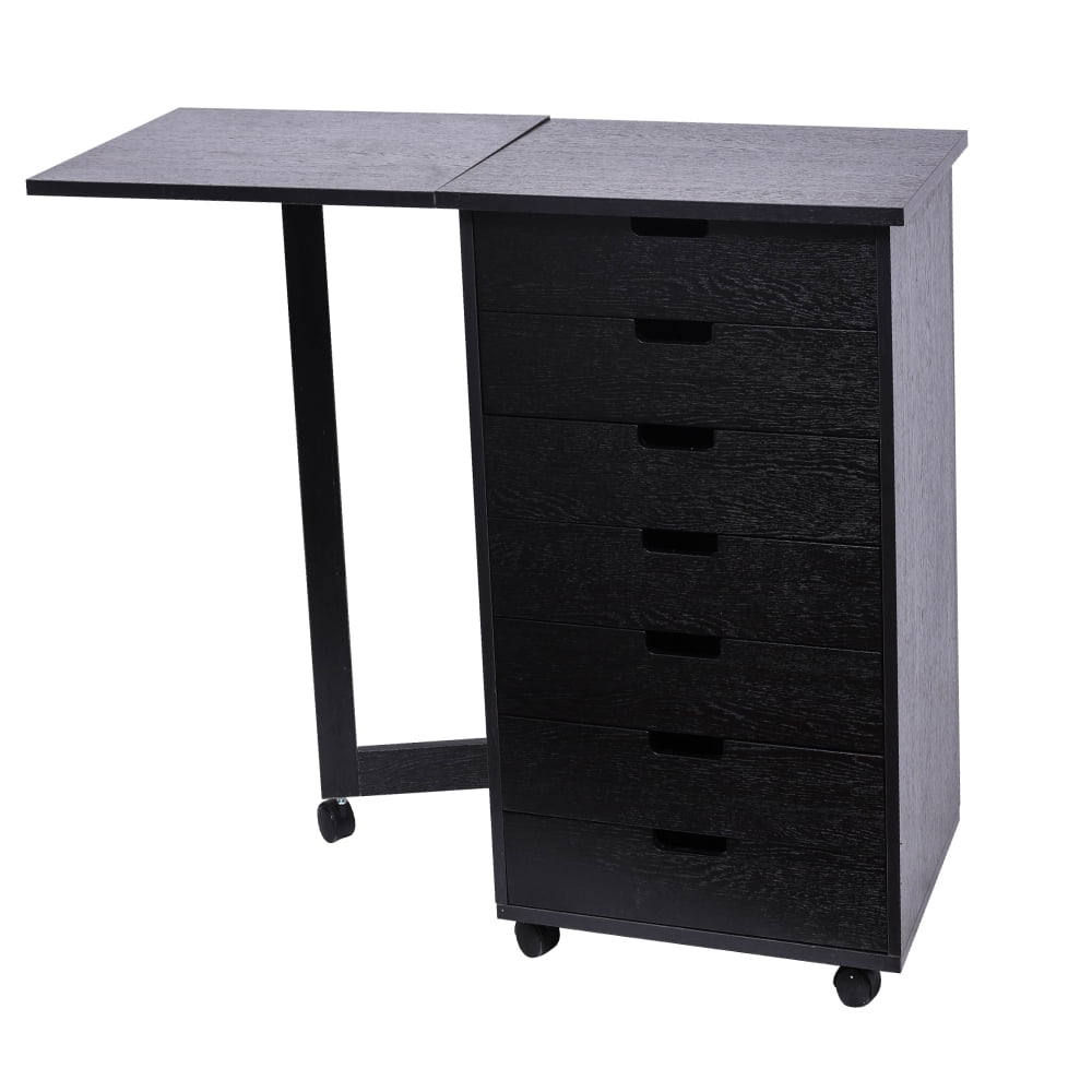 Lowestbest Wood Filing Cabinet with 7 Drawer Gate Leg, Mobile Pedestal Roll Cart with Desk, Cabinet Box/Box/File Full Width Pull, Black