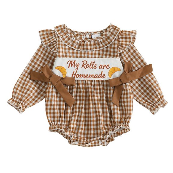 RUINIXCW Newborn Baby Girl Thanksgiving Outfit Fall Winter Clothes Gingham Plaid Bubble Romper Turkey Embroidery Long Sleeve Bow Playsuit Jumpsuit