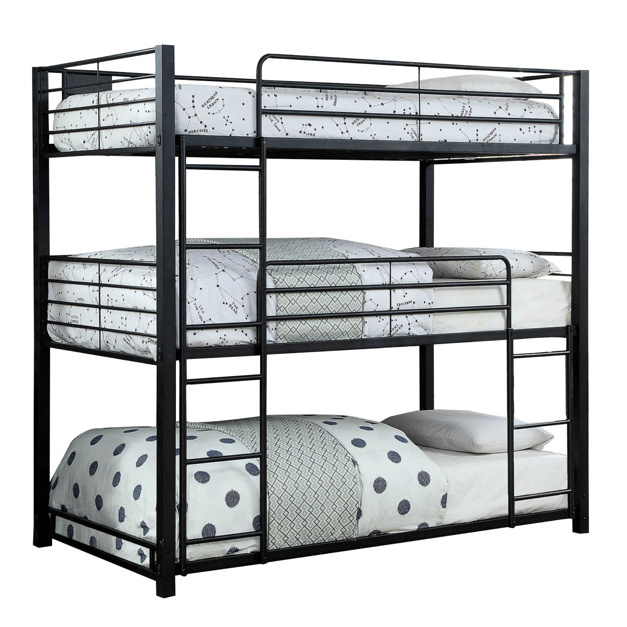 3 Tier Bunk Bed with Attached Ladders, Black