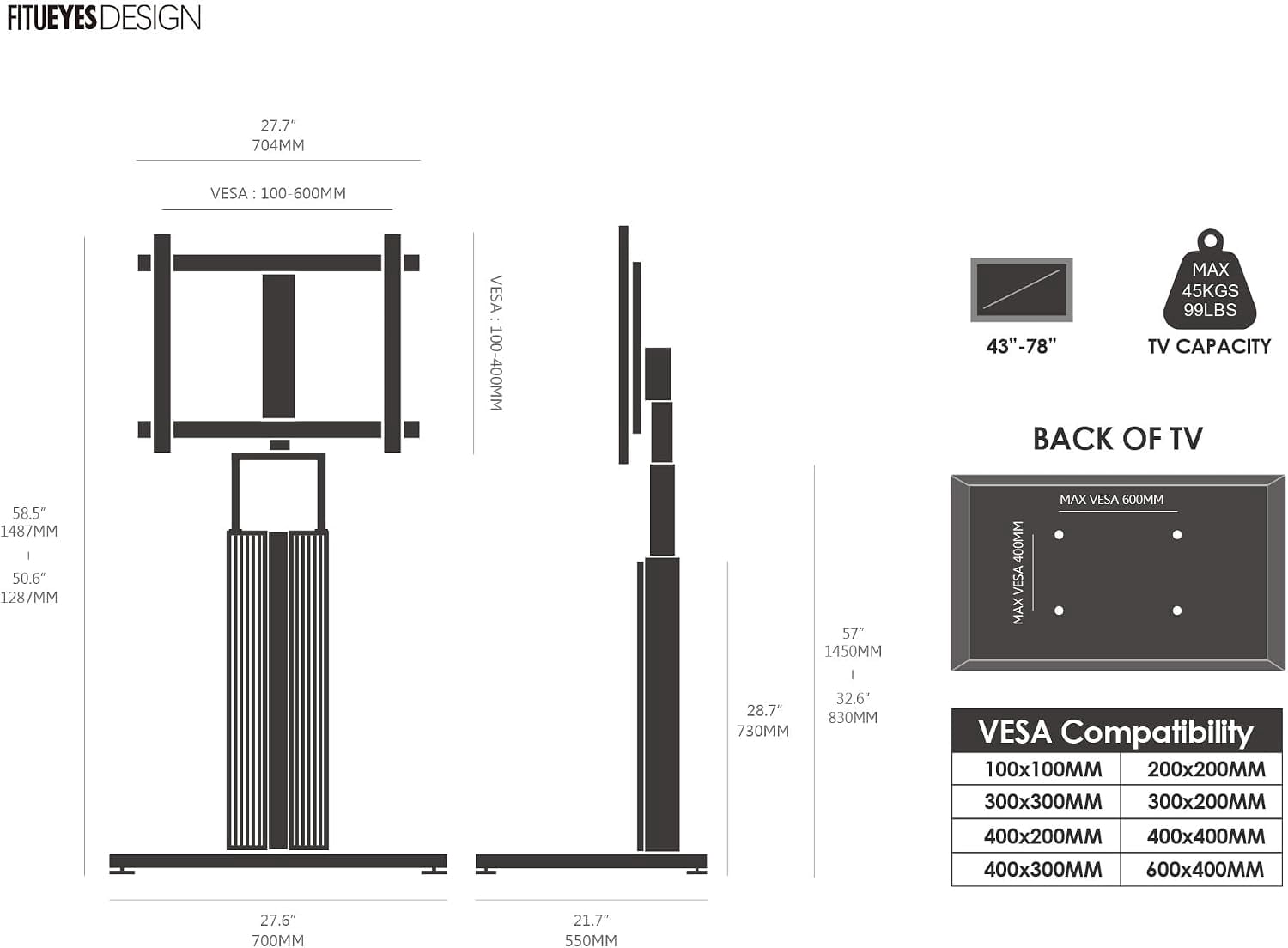 FITUEYES Cantor Series Floor TV Stand for 43–78 Inch TVs, Black, Cable Storage