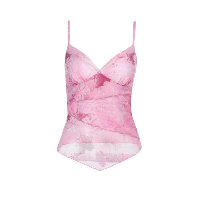Blusas Florales Y2K para Mujer, Cuello en V, Dobladillo Irregular, Sin Mangas, Tirantes Finos Rosa L
