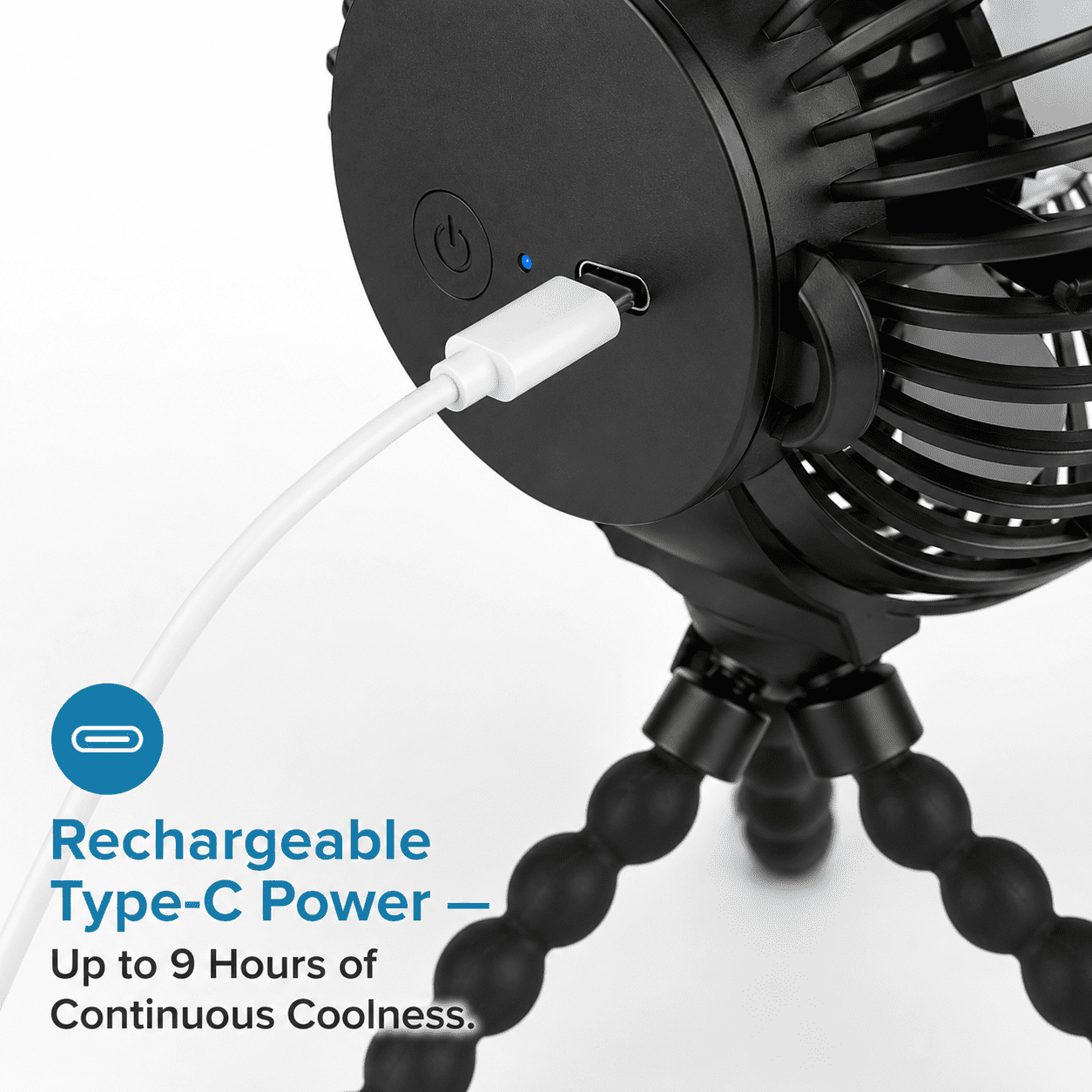 Portable Baby Stroller Fan - Black, Rechargeable, with Tripod, Type-C Charging, and Adjustable Speed