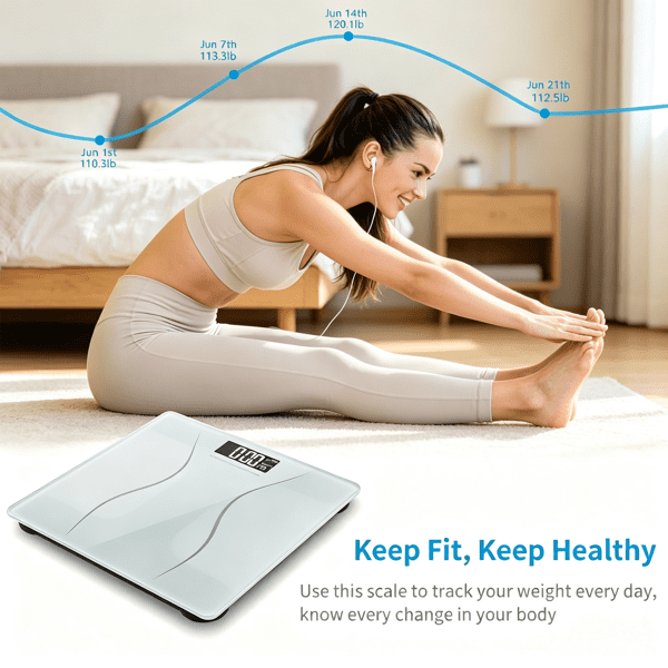 Alvantor Digital Bathroom Scale, 397 lb Capacity, 0.1 kg Increments, Backlit LCD, 6 mm Tempered Glass, White