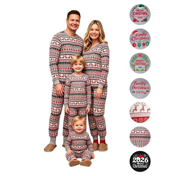 KICILVS Matching Christmas Pjs for Family Deer Snowflake Print Pajama Set Long Sleeve Round Neck Tops and Pants Holiday Family Sleepwear